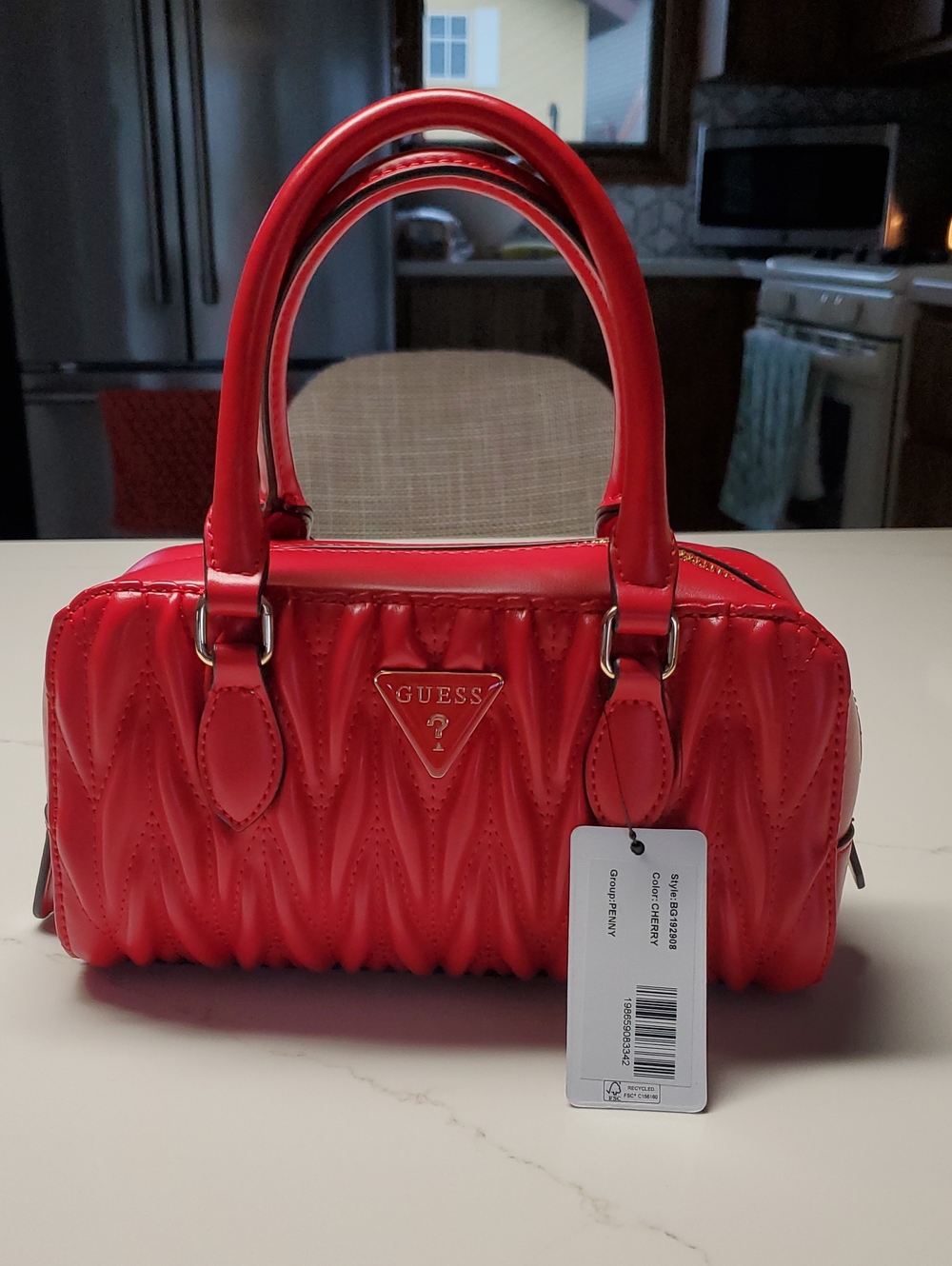 GUESS Quilted Glossy Red Top-Handle Satchel